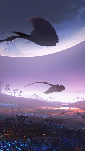 Alien creatures flying over a bioluminescent alien landscape with a large planet in the sky
