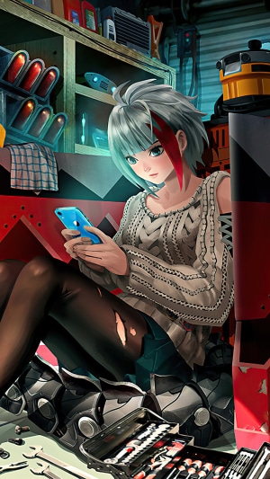 Anime girl with blue phone in workshop