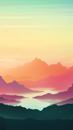 Minimalist sunset over mountains and river 4K