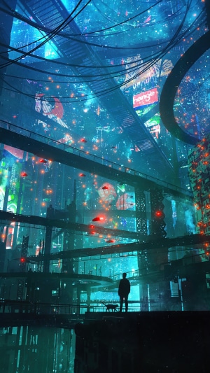 Sci-fi cityscape with a person and a cat