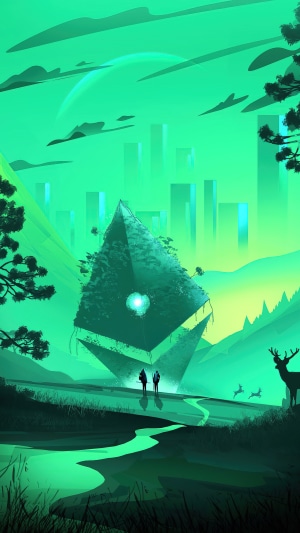 Alien monolith with two figures and deer