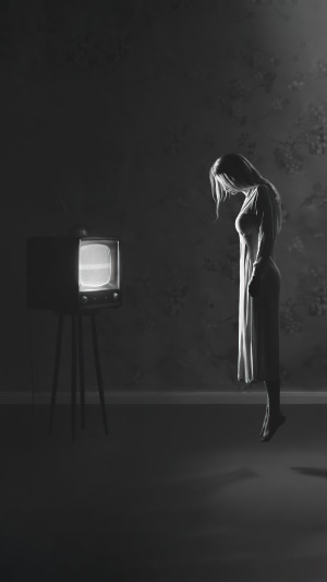 Woman levitating in front of an old television