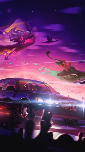 Artwork with a car and fantastical creatures