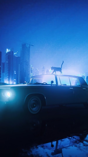 Cat on a car in a futuristic city at night