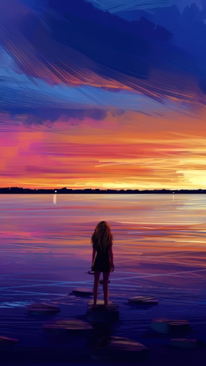 Girl standing on stepping stones at sunset