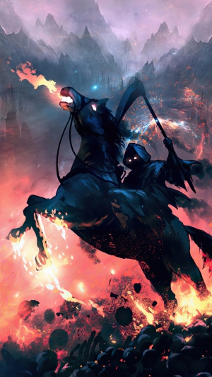 Grim Reaper on a black horse with scythe