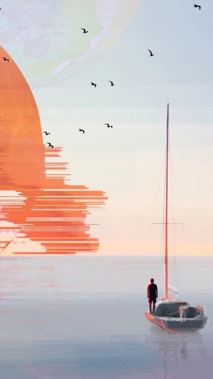 Abstract sunset over the ocean with a sailboat