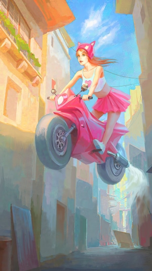 Girl in pink outfit riding a pink motorcycle