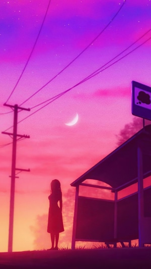 Girl at bus stop during sunset