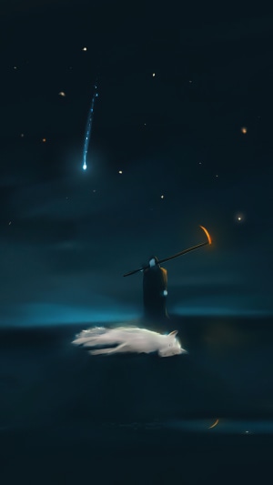 Grim Reaper with a scythe and a wolf under a shooting star