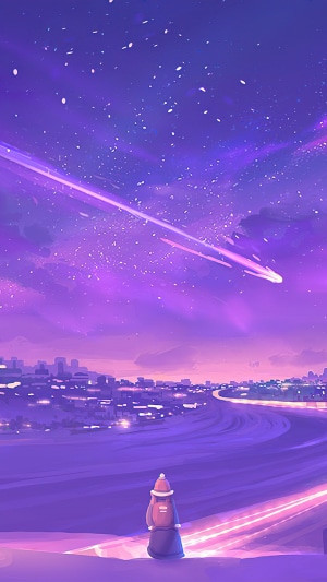 Girl watching a meteor shower over a city