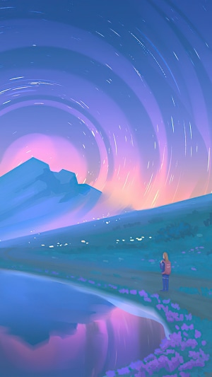 Person with backpack by lake under starry sky