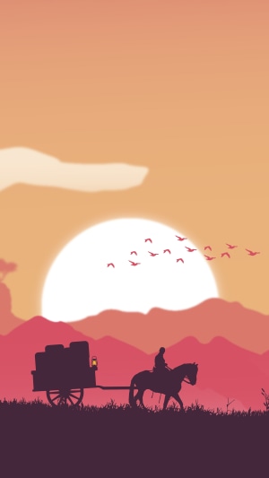 Minimalist digital art of a horse and cart at sunrise