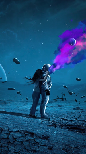 Astronaut and girl in space with purple nebula
