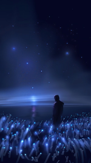 Person standing in a field of glowing plants under a starry sky