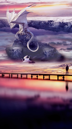 Digital art of dragons and a person on a pier