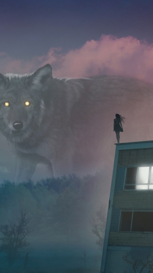 Giant wolf spirit and girl on building