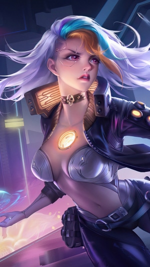 Cyberpunk woman with glowing chest emblem