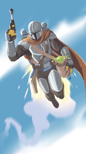 The Mandalorian and Grogu flying through the sky
