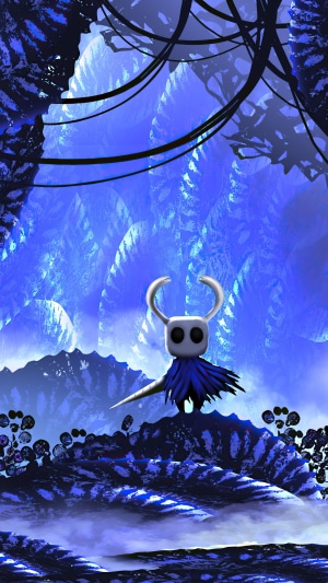 The Knight from Hollow Knight in a blue forest