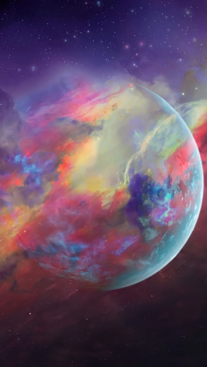 Planet in a colorful nebula with stars