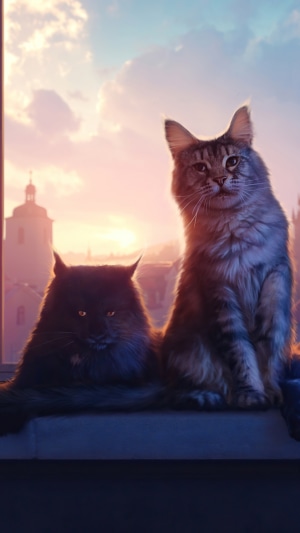 Two cats sitting on a windowsill at sunset