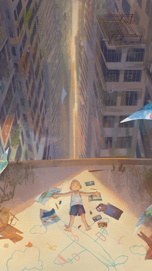 Child drawing in a city alley