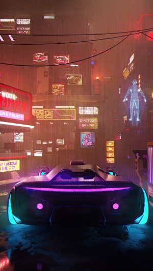 Cyberpunk City Street with Futuristic Car