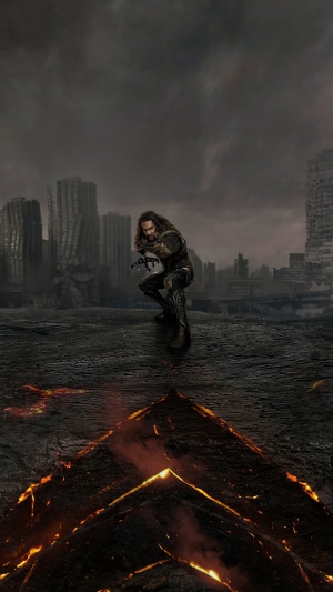 Aquaman from Justice League in a ruined city