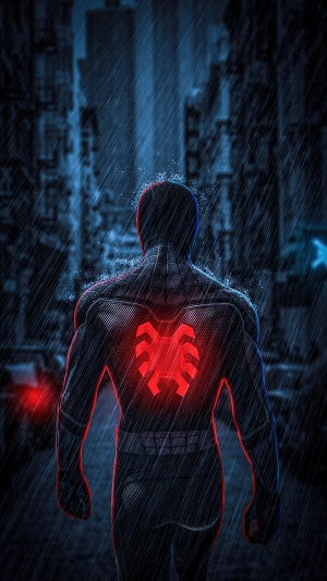 Spider-Man from Spider-Man: Far From Home in a rainy city