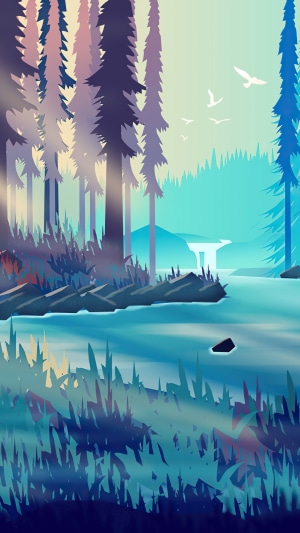 Minimalist forest scene with river and birds