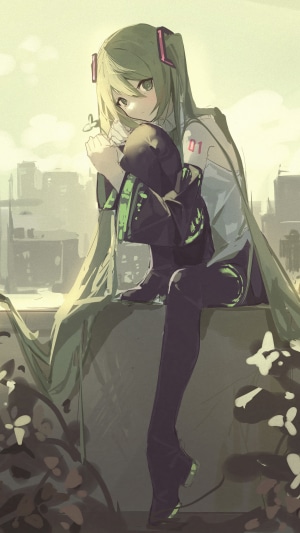 Hatsune Miku from Vocaloid sitting on a ledge