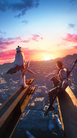 Two characters on a rooftop at sunset