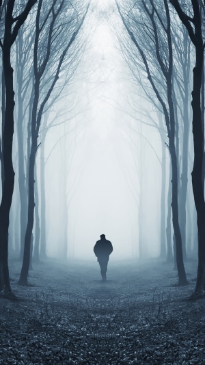 Man walking in a foggy forest