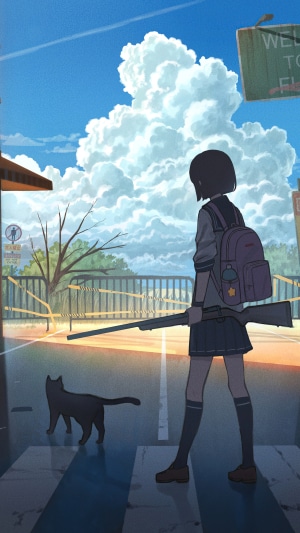 Anime girl with shotgun and cat
