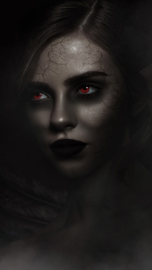 Digital art of a woman with red eyes and cracked skin