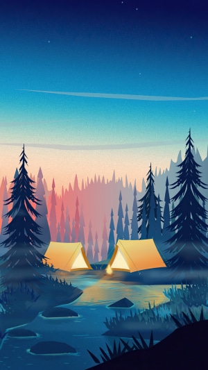 Minimalist digital artwork of a campsite by a river at dusk