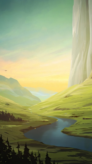 Digital art of a mountain landscape with a river