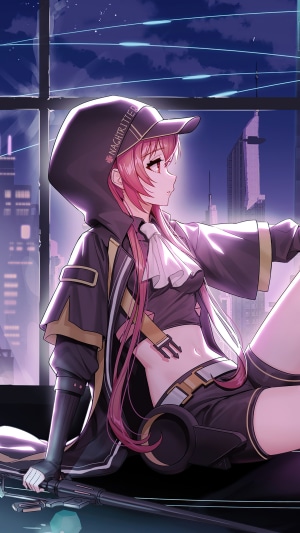 Anime girl with pink hair wearing a hoodie and cap