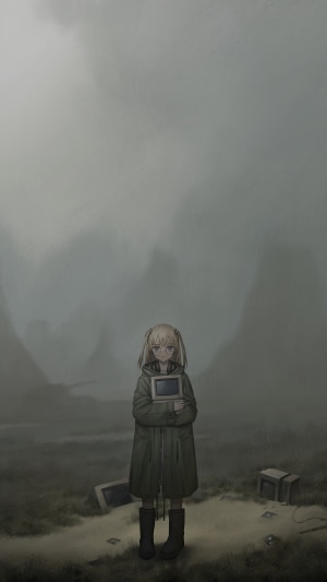 Anime girl holding a monitor in a desolate landscape
