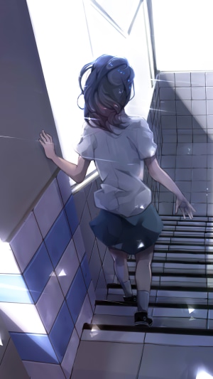 Anime girl walking up stairs