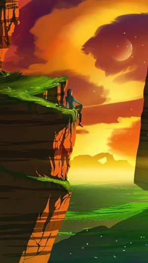 Woman sitting on cliff overlooking sunset landscape
