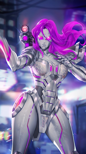 Cyberpunk woman with purple hair and gun