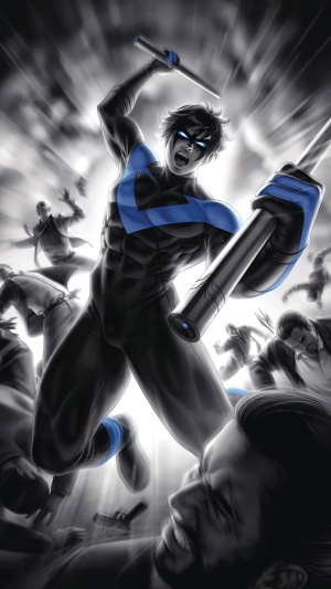 Nightwing fighting in a crowd