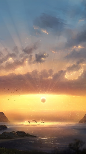Digital Art of Dolphins Jumping at Sunset