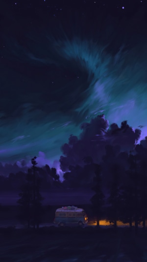 Artwork of a camper van at night under aurora