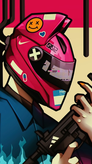 Cyberpunk biker with helmet and gun