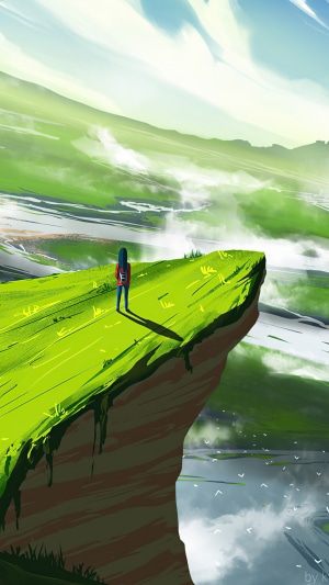 Digital art landscape with a person on a cliff