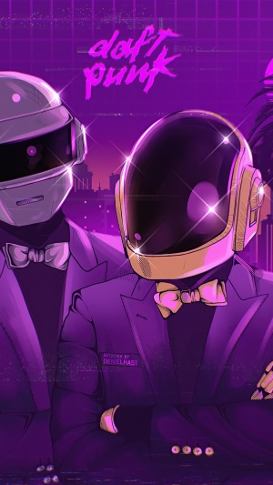 Daft Punk duo in suits with helmets