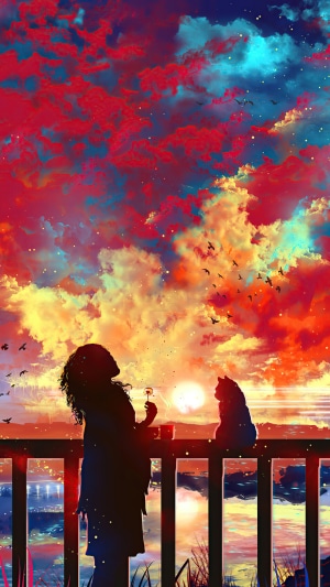 Girl and cat on balcony watching sunset